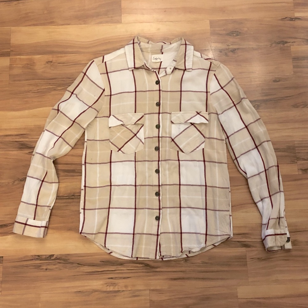 Women’s Cream and Burgundy Plaid Shirt